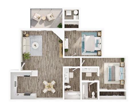 Floor plan for 2 beds, 2 baths, 960 sqft